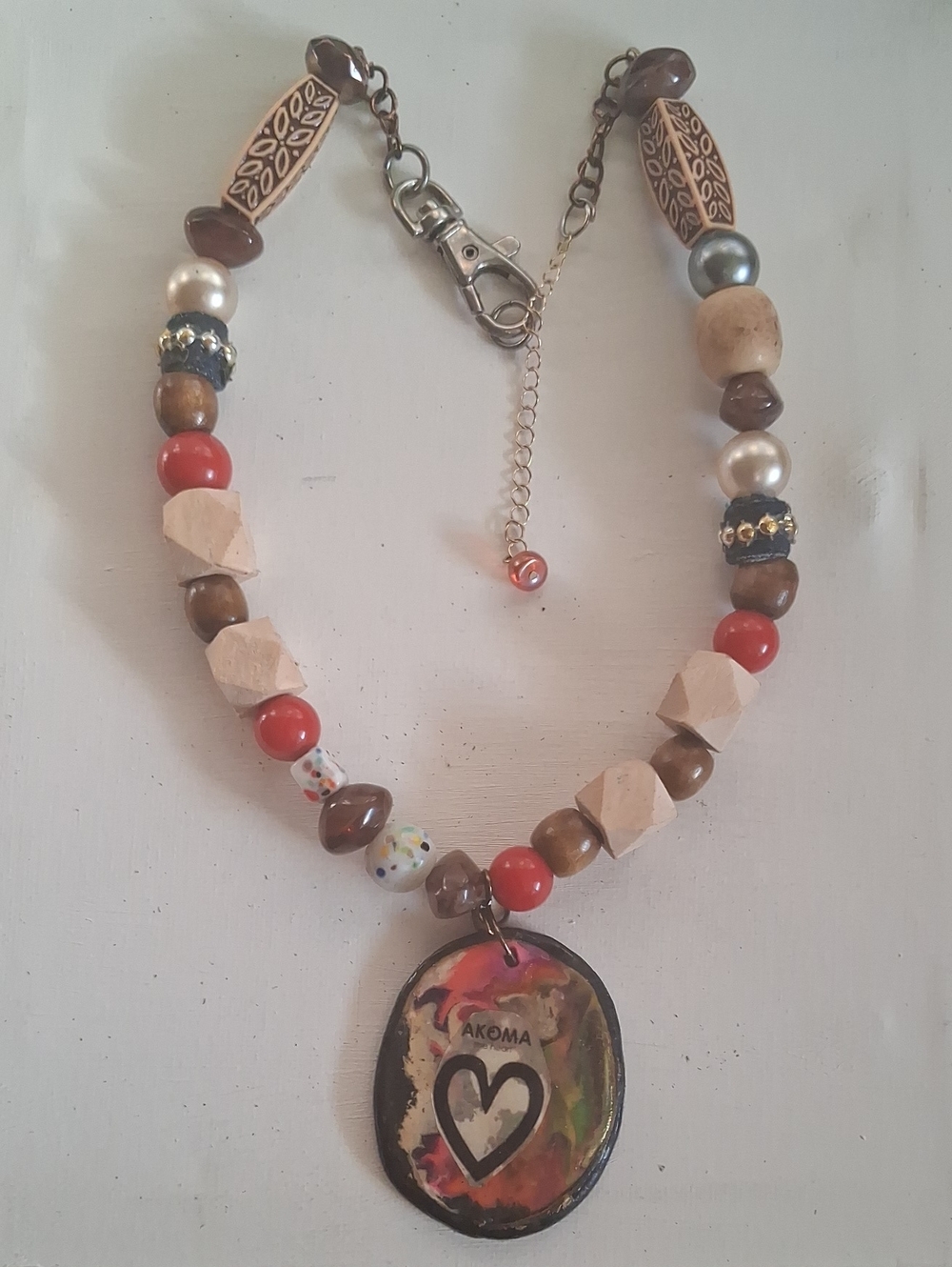 Multicolor Heart Pendant Necklace - Women Jewelry - Coral & Wood Beads